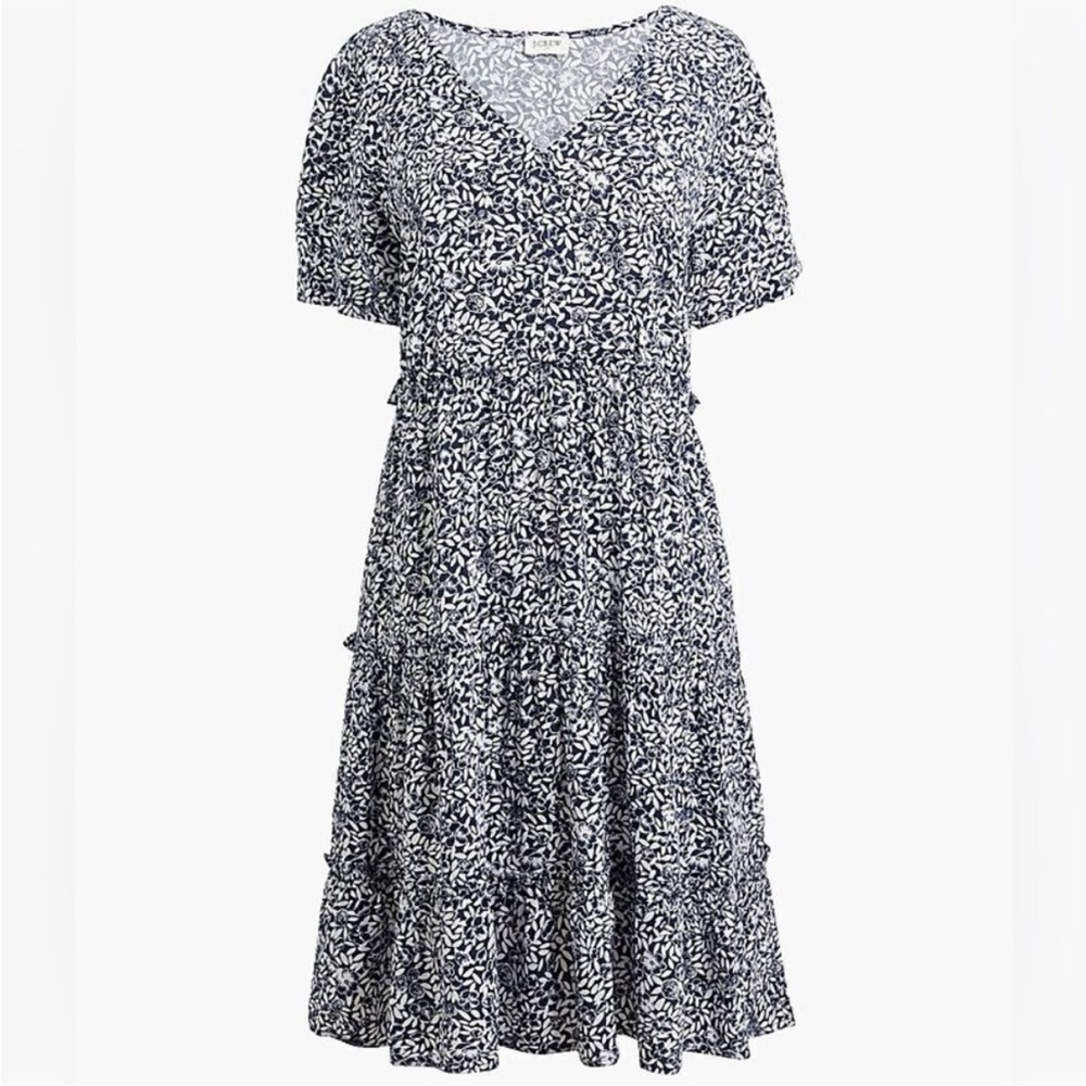 J CREW FACTORY Navy & White Floral V-Neck Ruffle Tiered Dress
